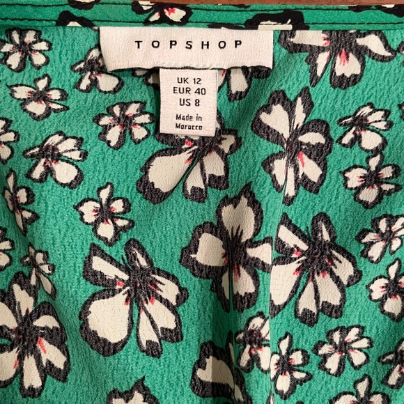 Topshop Green Floral Short Puff Sleeve V-Neck Tie Blouse Cinch Waist Cropped 8 - Picture 6 of 9